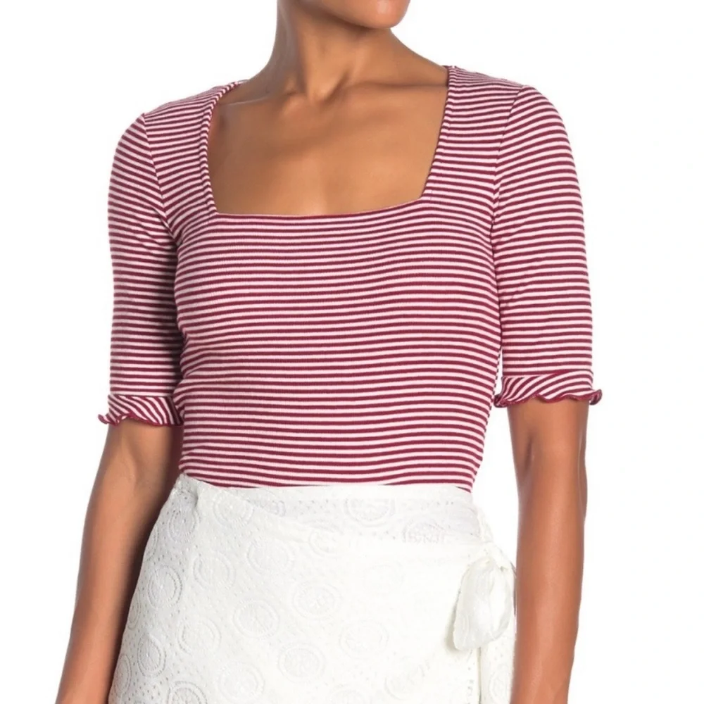 Anthropologie Red & White Striped Square-Neck Ribbed Top - Picture 2 of 4